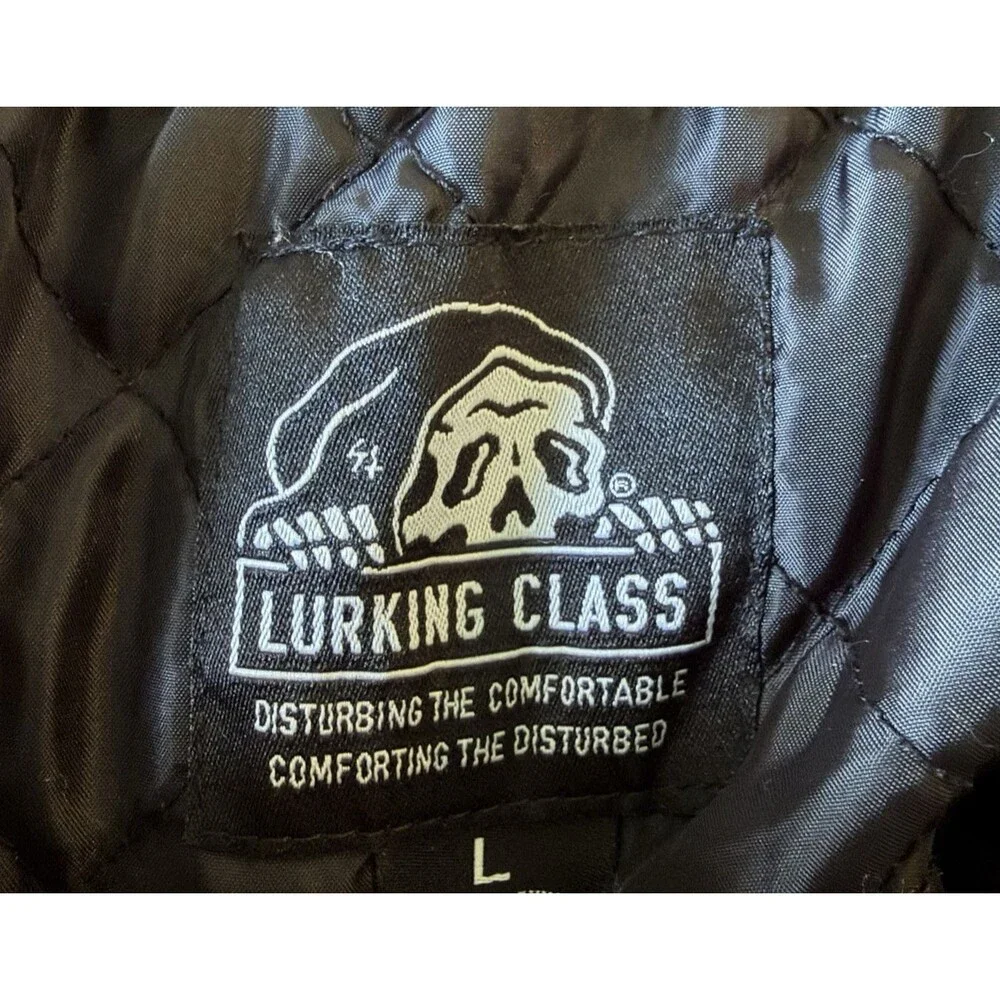 Lurking Class by Sketchy Tank Bomber Jacket Men's Size L Hooded Bones Skulls